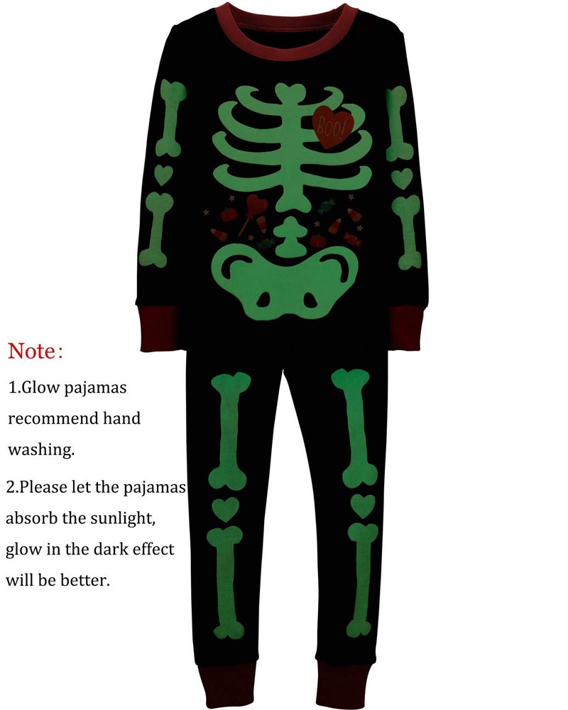 CM-Kid Little Boys' 2 Piece Pajamas Sets Glow-in-The-Dark Cotton Halloween PJS Kids Candy Pj for Toddler Skeleton Jammies Holiday Clothes Shirts Size 3T - Image 2
